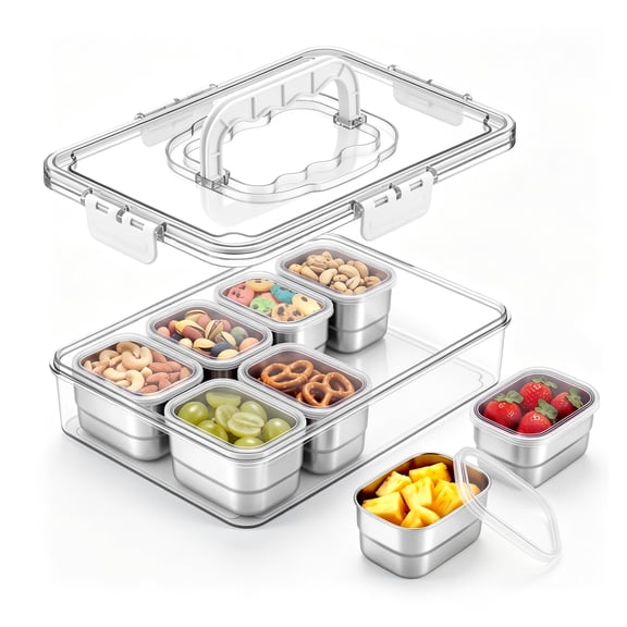 Vesteel Stainless Steel Snackle Box Container, 8-Compartment Divided Tray with Lid and Handle, Portable Snack Container for Fruit Candy Nuts, Snack Serving Platter for Beach Travel & Picnic
