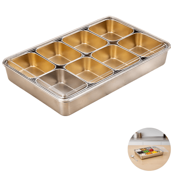8-Compartment Stainless Steel Yakumi Pan, 20.29 oz / 600 ml Each, with Clear Lid & Spoon, Mise en Place Containers, Commercial Condiment Containers, Ideal for Boba Tea, Ice Jelly, Bubble Tea Shops