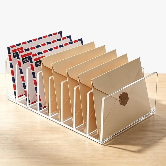 8 Compartments Clear Acrylic Mail Holder Vertical Letter Sorter & Multifunction Desk Organizer for Bills, Documents, Notebooks Modern Office/Home Envelope File Rack