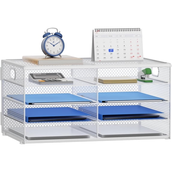 8 Compartments Paper Organizer for Desk, Mesh Literature Organizer, Mail File Sorter Tray with Handle, Desktop Mailbox for Office Classroom Home, White