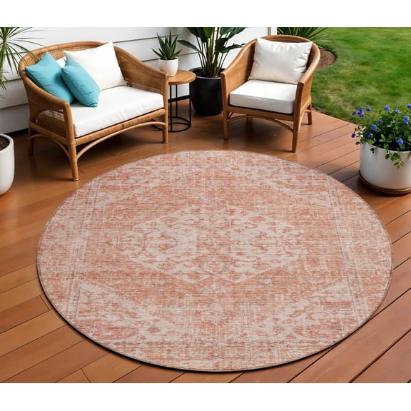 HomeRoots 603805 8 ft. Coral & Pink Round Oriental Washable Indoor & Outdoor Area Rug