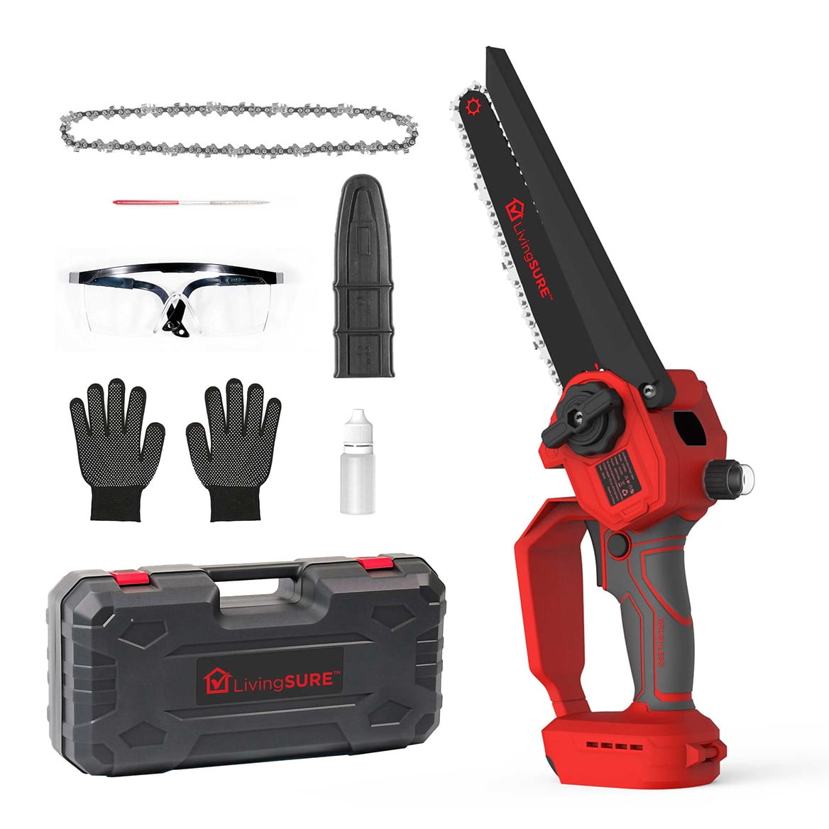 8" Cordless Mini Chainsaw by LivingSURETM Portable Cordless Electric Chain Saw, Rechargeable Battery Power Cutting Handheld Saw -Tree Branch Wood Cutting, Gardening Tool – Battery Not Included
