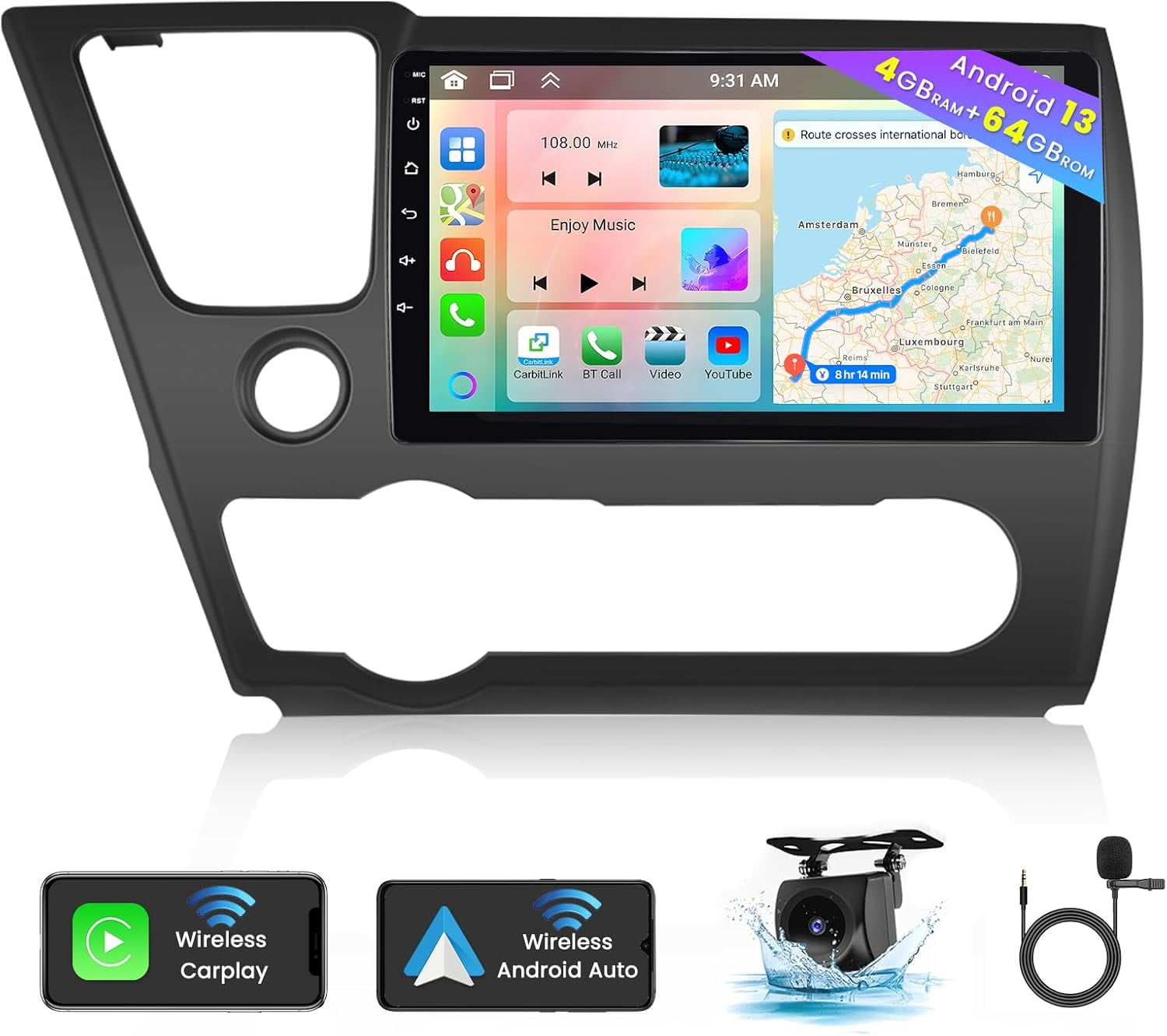 8 Core 4+64GB Android 13 Car Stereo for 20132017 Honda Civic, Wireless