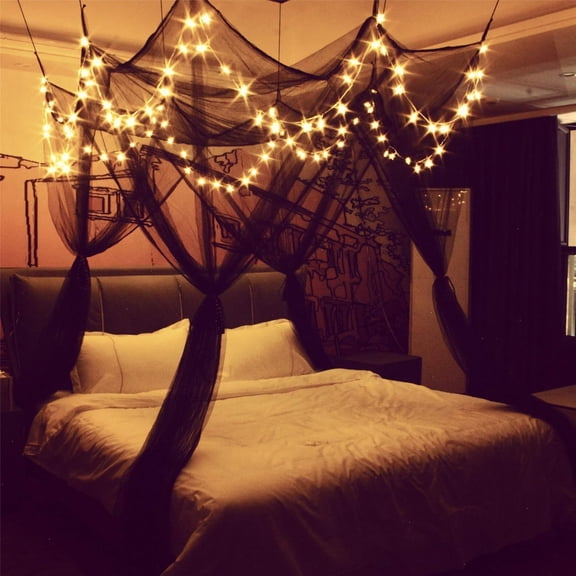 8 Corner Bed Canopy with 100 LED Star String Lights Battery Operated, Black Bed Netting Unique Style 4 Door Square Canopy Bed Curtains Canopy - Suggested for Twin Full Queen King Bed
