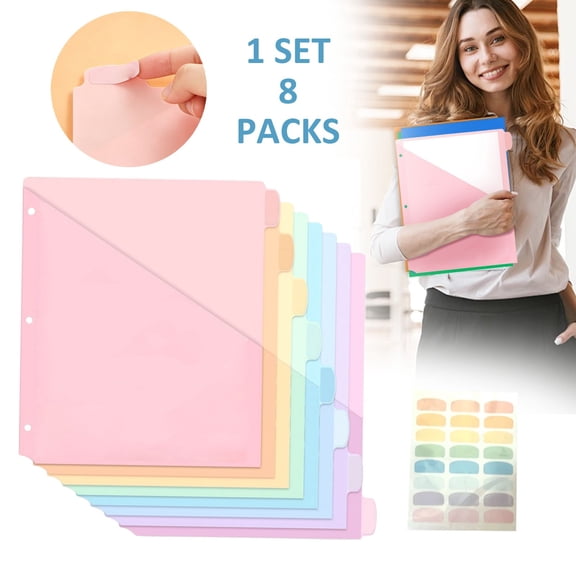 8 Count A4 Binder Dividers with Single Pocket 3 Ring Binder Multicolor Tabs Folder Organizer Inserts Writable Labels for School Office Filing System