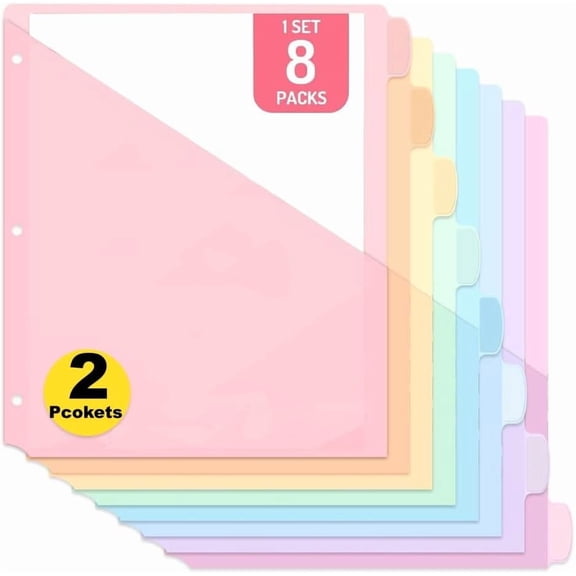 8-Count Binder Dividers with Two Pockets, 8 Tabs, 3-Hole Punched, Multicolor Plastic Index Dividers Durable, Tear-Resistant, Insertable Labels Fits Standard 3-Ring Binders (Pink,1set)