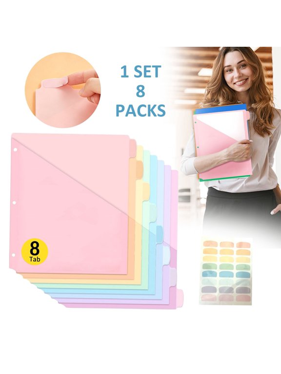 8 Count Dividers with One Pocket, 8 tab Binder Dividers for 3 Ring Binder Organizer, Binder Divider with Tabs for Office and Home Organization, Multicolor, 1 Set,28.5cm,Multicolor