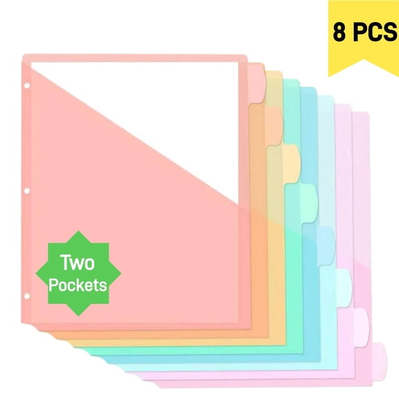 PLNYA 8 Count Dividers with Two Pockets for 3 Ring Binder, 8 tabs Binder Dividers with Pocket for A4/ Letter Size, Binder Dividers with Tabs for School Office and Home Organization, Multicolor