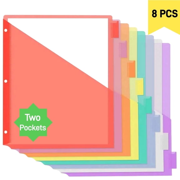 PLNYA 8 Count Dividers with Two Pockets for 3 Ring Binder Organizer, 8 tabs Binder Dividers with Pocket for A4/ Letter Size for School Office and Home Organization, Multicolor