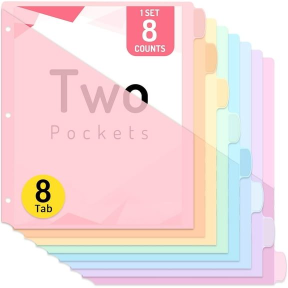 8 Count Dividers with Two Pockets, 8 tab Binder Dividers for 3 Ring Binder Organizer, Binder Divider with Tabs for School Office and Home Organization, Multicolor, 1 Set