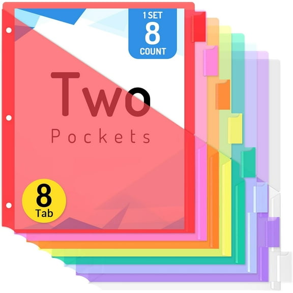 8 Count Dividers with Two Pockets, 8 tabs Binder Dividers for 3 Ring Binder Organizer, Multicolor, 1 Set