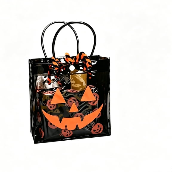 8 Count Halloween Clear Pumpkin Plastic Tote Bags, Jack-o'-Lantern Pattern Transparent Gift Handbags, Reusable Halloween Trick or Treat Candy Bags for Party Decor & Goodies
