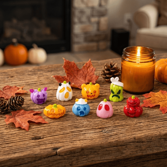 8 Count Mini Resin Harvest Pumpkin Statues Multicolor Tiny Pumpkin Miniatures Autumn Village Scene Decor Table Shelf Fireplace Kitchen Farmhouse Tiered Tray Home Accent Ornaments