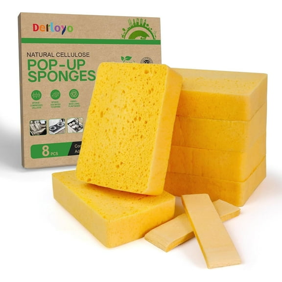 8-Count Pop Up Cellulose Sponges | Non-Scratch Eco-Friendly Kitchen Sponges for Dishes, Bathroom, Cars | Tear-Resistant Natural Scrub Sponges | Biodegradable Compostable Cellulose