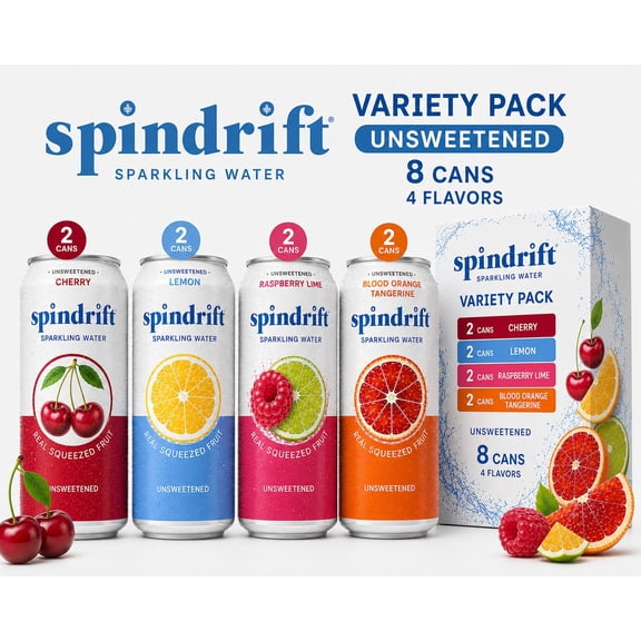 8 Count, Spindrift Sparkling Water Variety Pack, 12 fl oz Cans (2 Cherry, 2 Lemon, 2 Raspberry Lime, 2 Blood Orange Tangerine), Unsweetened, Real Squeezed Fruit