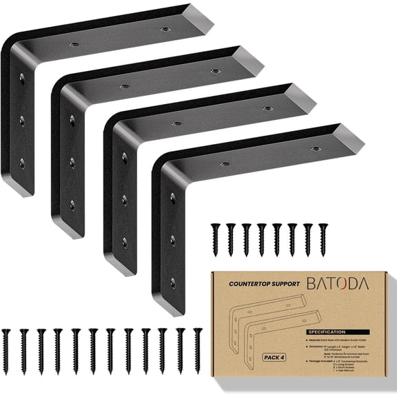 8 Countertop Support Steel Brackets (4 PCS) for Large Granite - Heavy Duty L Floating Shelf Bracket - Black Metal Wall Mounted Support for Wood Shelving
