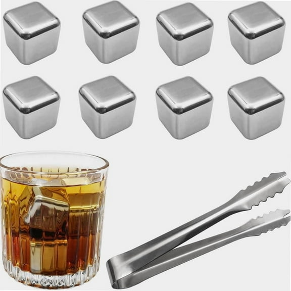 8 Counts Whiskey Stones Gift Set for Men, Reusable Stainless Steel Ice Cubes Chilling Stones, Quick Cooling Rocks with Tongs, Metal Ice Cube for Drinks Beverage Wine