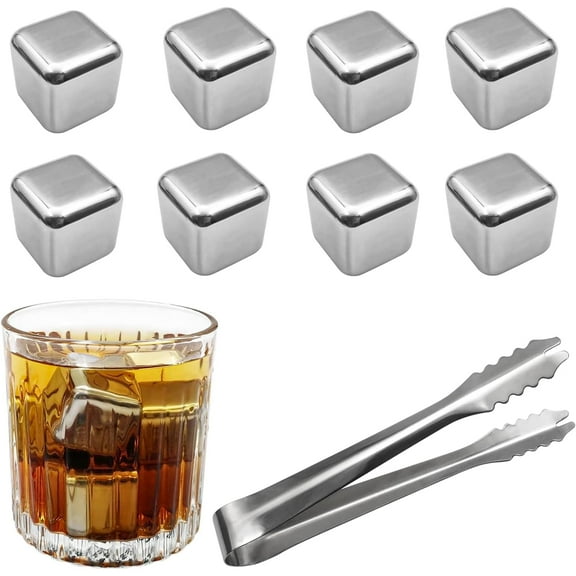 8 Counts Whiskey Stones Gift Set for Men, Reusable Stainless Steel Ice Cubes Chilling Stones, Quick Cooling Rocks with Tongs, Metal Ice Cube for Drinks Beverage Wine