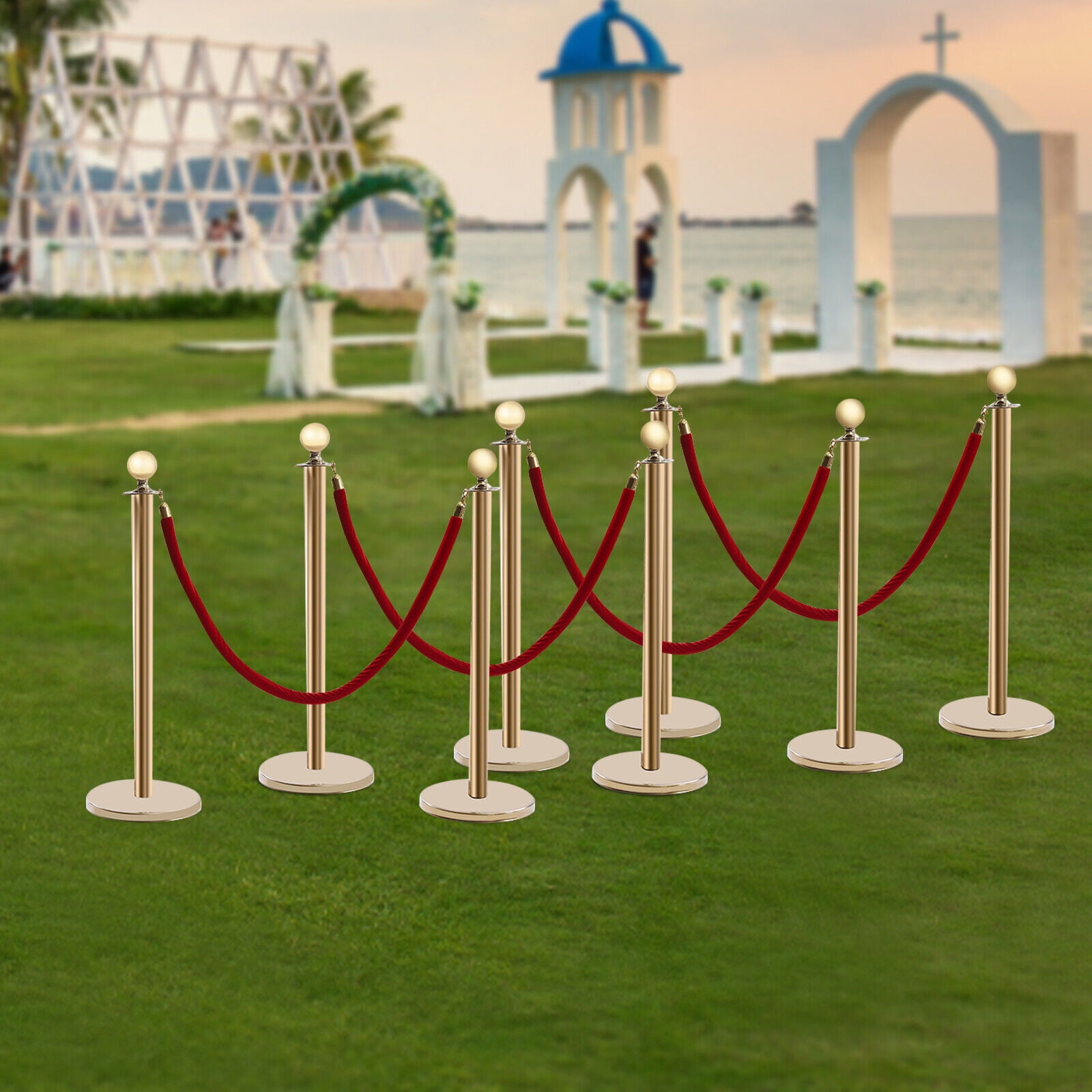 8× Crowd Control Stanchion Gold Posts Set with Red Velvet Rope Queue