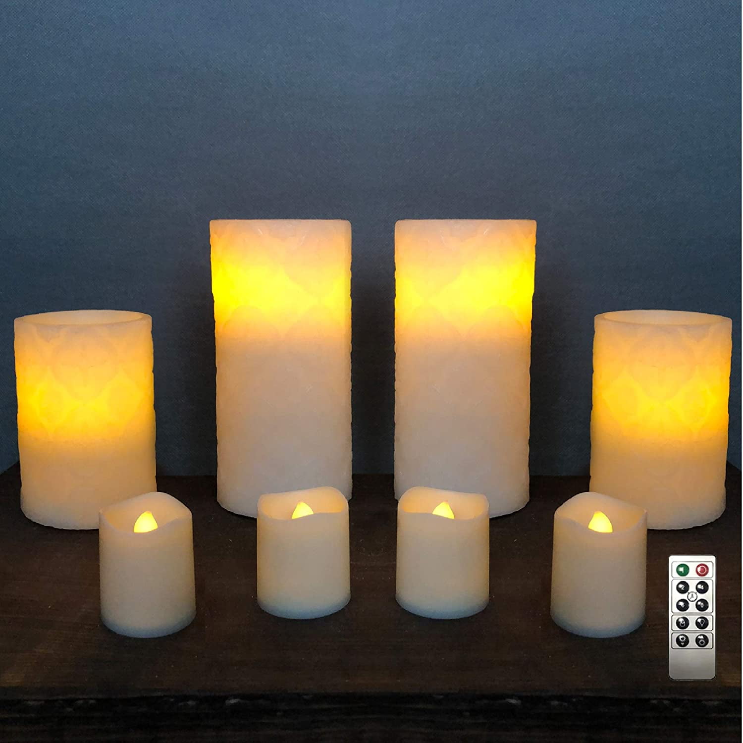 8 Ct Flameless LED Pillar Candle, Embossed Ivory