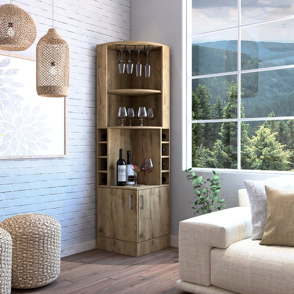 8 Cubbies, 2 Open Shelves | Old Pine Finish, Double Door, Wine Rack | Improve Your Home Bar Setup, Store Bottles Conveniently