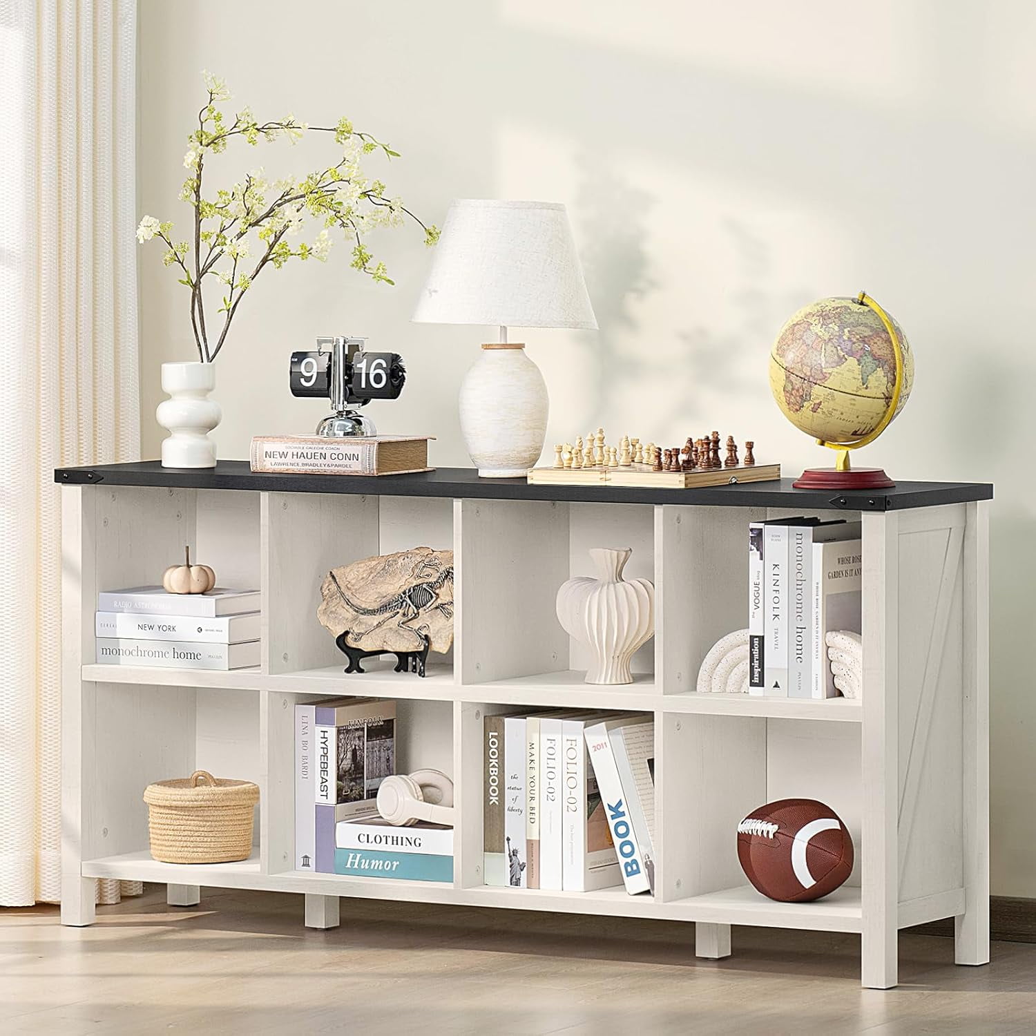 8 Cube Book Shelf, Farmhouse Wood Long Storage Organizer Bookcase, 62 ...
