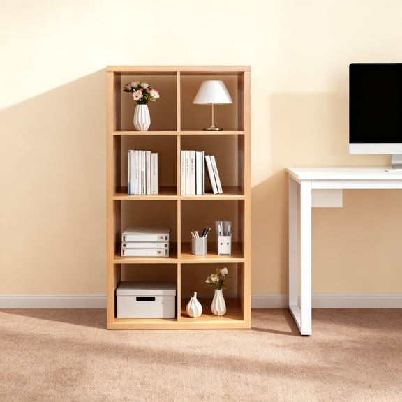 8-Cube Book Shelf, Walnut Cubby Storage Organizer, Open Bookcase Cabinet Storage Shelves for Classroom Sturdy Room, Reading Nook