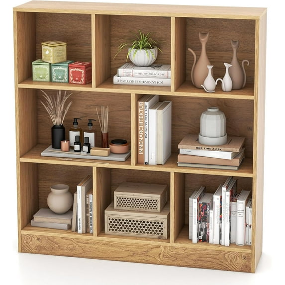 8 Cube Bookcase, 4-Tier Freestanding Bookshelf w/ 8 Open Compartments, 2 Anti-Tipping Kits, Modern Display Cabinet, 41" Wood Cubby Storage Organizer for Living Room, Bedroom, Natural