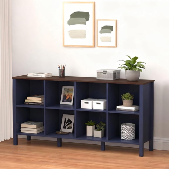 8-Cube Bookcase, Farmhouse Wooden Bookshelf Low Storage Organizer, 59" Horizontal White Console with Legs, Hallway Book Case for Entryway, Display Cabinet for Living Room (Navy Blue, 8-Cube)