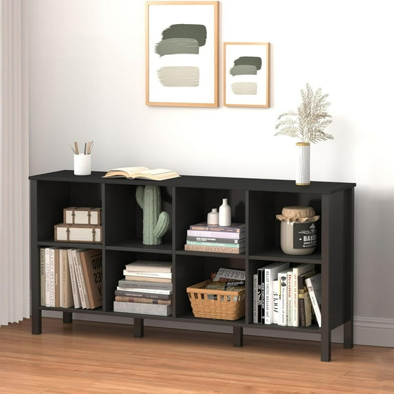 8-Cube Bookcase, Farmhouse Wooden Bookshelf Low Storage Organizer, 59" Horizontal White Console with Legs, Hallway Book Case for Entryway, Display Cabinet for Living Room (Black, 8-Cube)