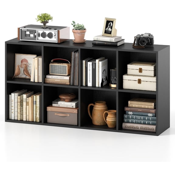 8-Cube Bookcase, Large Floor Standing Horizontal Bookshelf with 8 Open Shelves & 2 Anti-Tipping Kits, Home Office Wooden Storage Book Shelf for Living Room, Study (Black, 8-Cube)