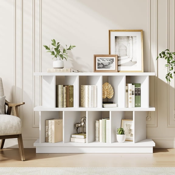 8 Cube Bookcase, Wood Low Open Cube Storage Shelf Organizer, Freestanding Display Bookshelf with 10 Removable Back Panels for Living Room, Bedroom, Entryway, Home Office, Easy Assembly, White