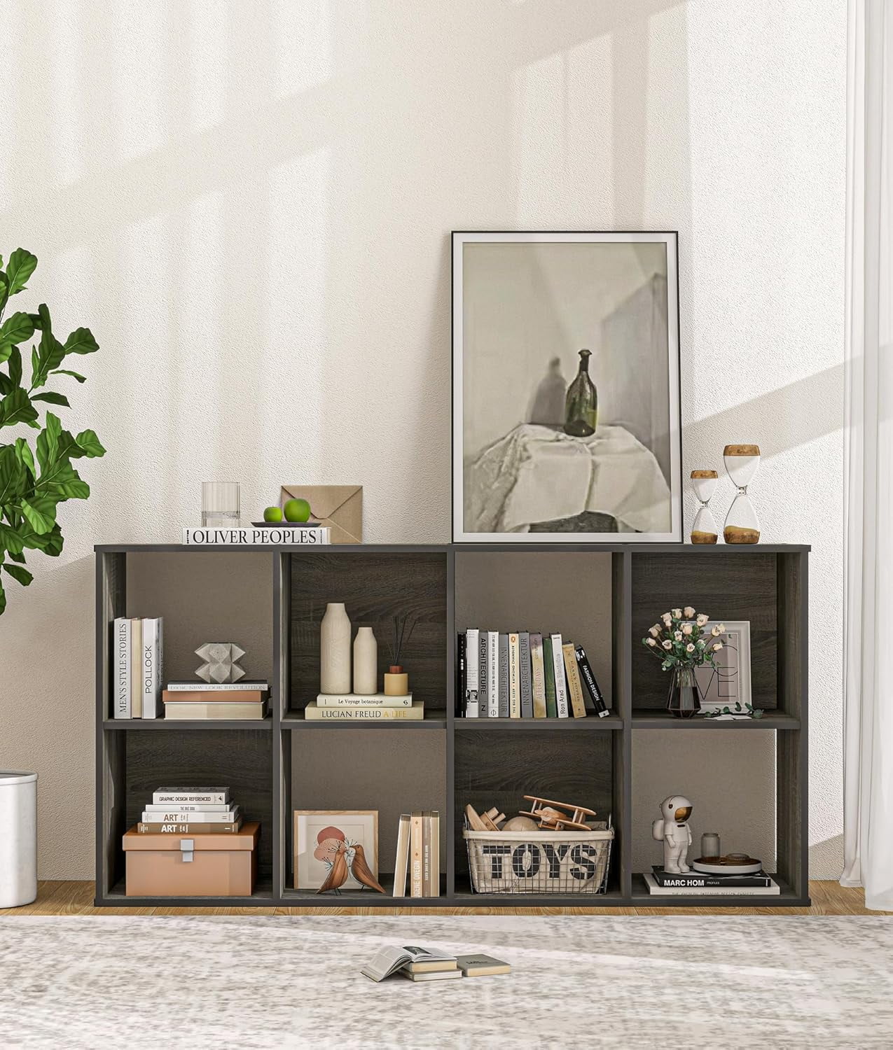 8 Cube Bookcase and Bookshelf, Freestanding Display Storage Shelves, Wooden Book Organizer for Living Room, Bedroom, Kids Room, Grey