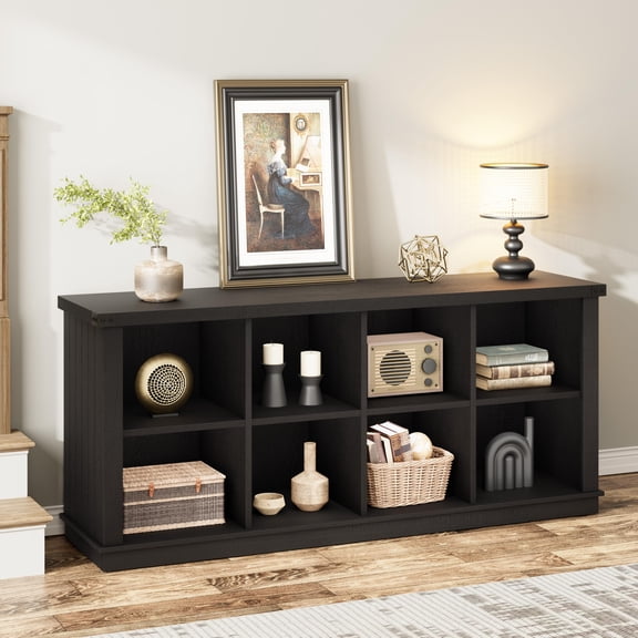 8 Cube Bookshelf, Rustic Farmhouse Horizontal Bookcase, 2-Tier Wood Storage Organizer Cabinet, Long Freestanding Display Shelf for Living Room, Entryway, Office