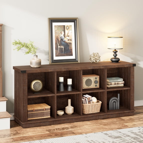 8 Cube Bookshelf, Rustic Farmhouse Horizontal Bookcase, 2-Tier Wood Storage Organizer Cabinet, Long Freestanding Display Shelf for Living Room, Entryway, Office