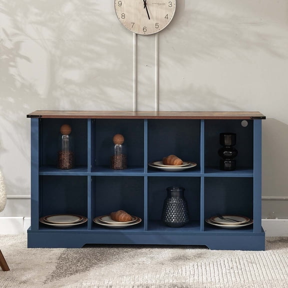 8-Cube LED Bookshelf - Mid-Century Modern Wood Storage Shelf for Bedroom, Living Room & Office, Blue