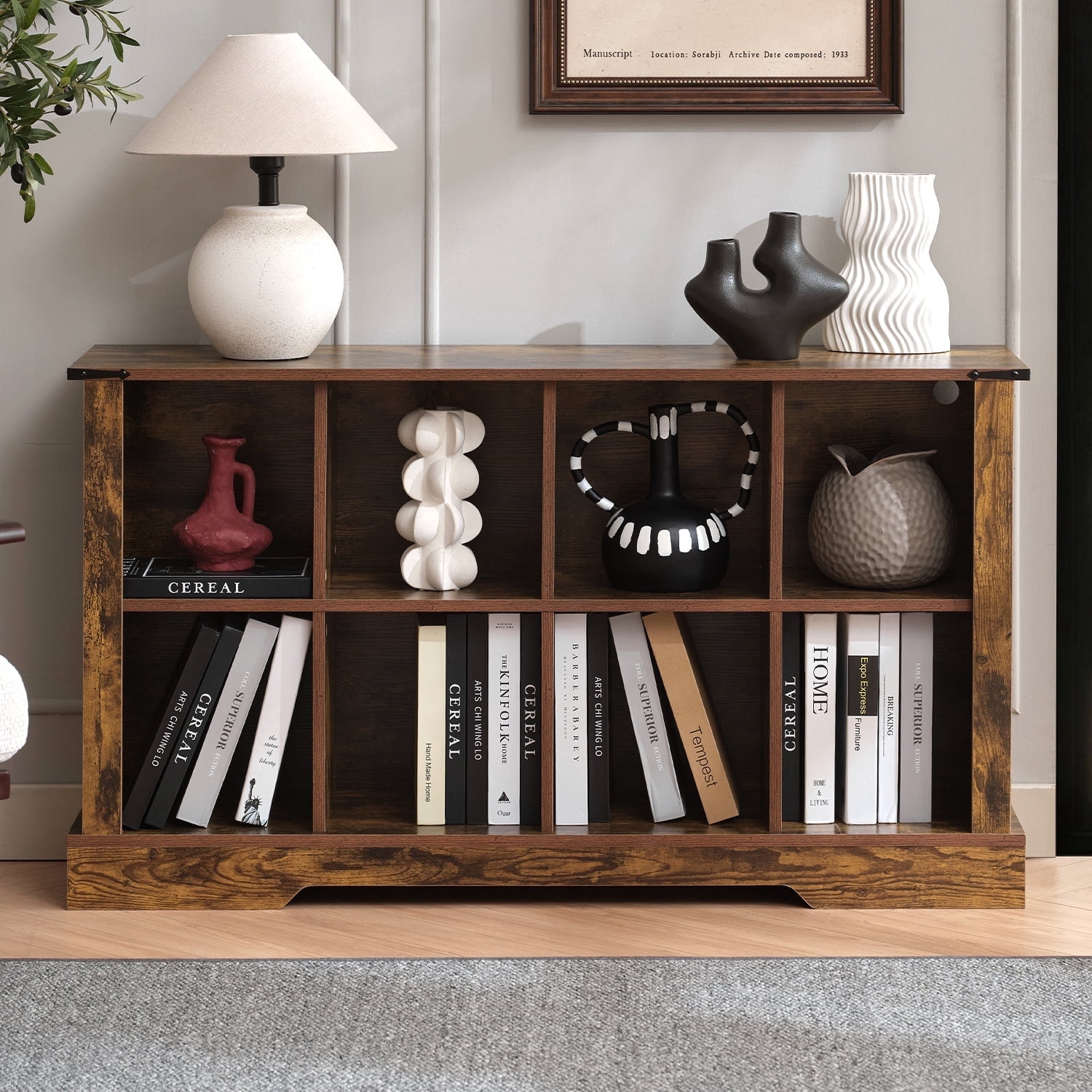 8-Cube LED Bookshelf - Mid-Century Modern Wood Storage Shelf for Bedroom, Living Room & Office, Brown