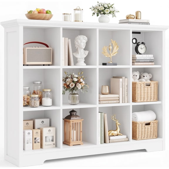 8-Cube Open Shelf Bookcase With Base, White Wooden Storage Organizer For