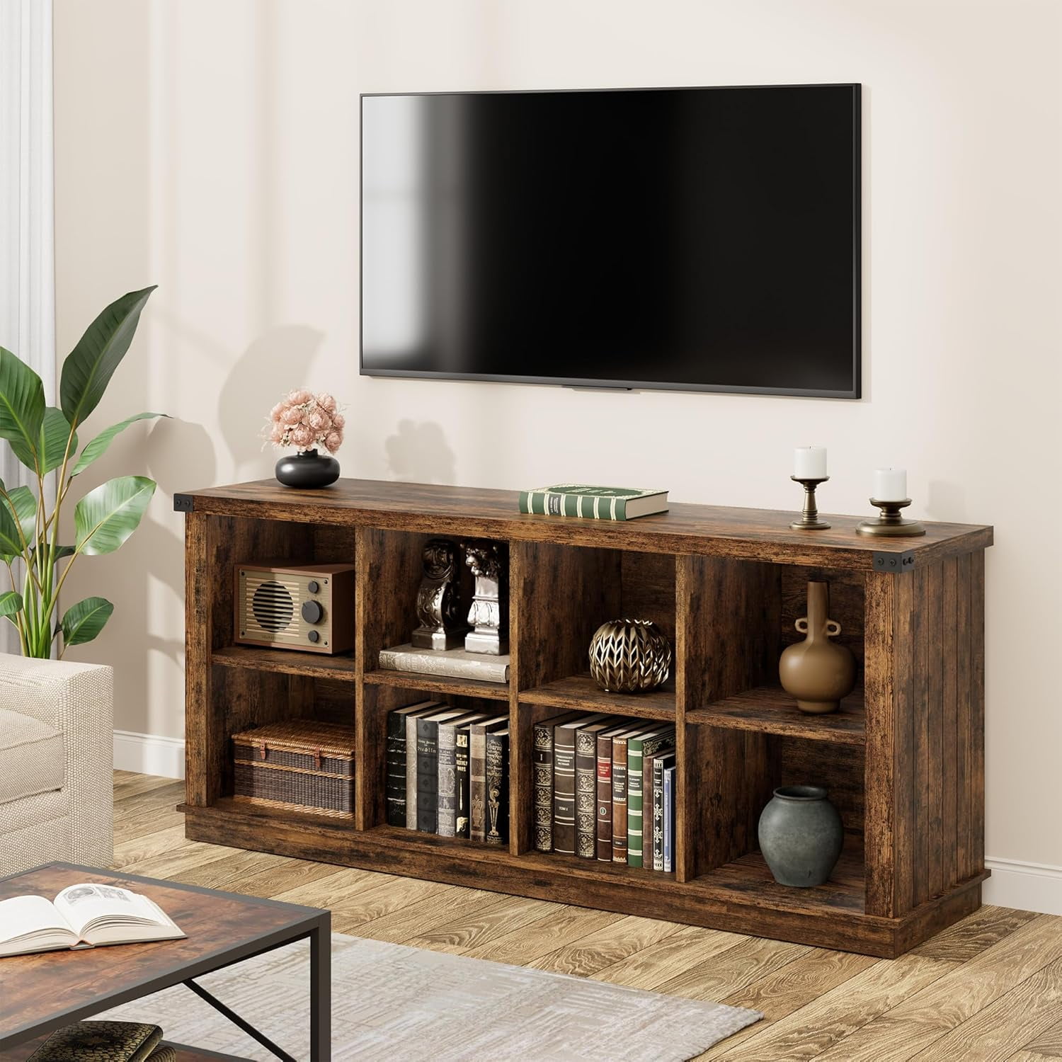 8 Cube Rustic Farmhouse Wood Horizontal Bookshelf 2-Tier Storage Organizer Long Freestanding Bookcase Cabinet, Brown