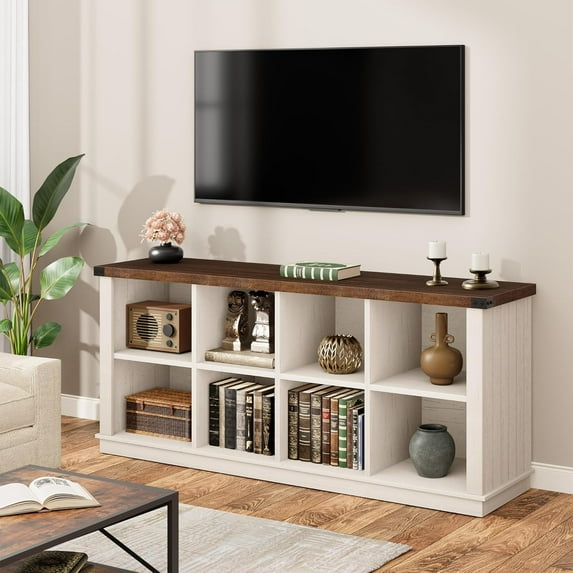 8 Cube Rustic Farmhouse Wood Horizontal Bookshelf 2-Tier Storage Organizer Long Freestanding Bookcase Cabinet, White