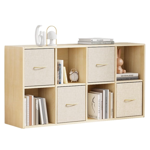 8 Cube Shelf - Light Wood Bookcase With 4 Fabric Bins, Modular Storage Organizer For Living Room Or Office