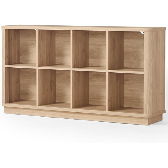 8 Cube Storage Book Shelf, 52" Long Horizontal Bookshelf with Curved Edge, Floor Standing Wooden Cubby Bookcase with Base, Modern Low Console Book Case, TV Stand for Living Room, Natural Oak