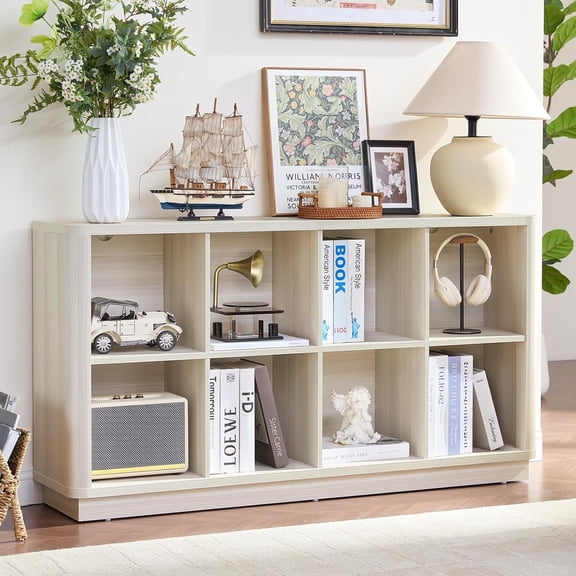 8 Cube Storage Bookcase, 52" Long Horizontal Book Shelf w/Curved Edge, Wooden Floor Standing 2-Tier Cubby Console Bookshelf with Base, Modern Low TV Stand for Living Room, White Cream Oak