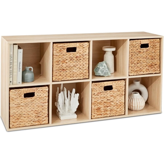 8-Cube Storage Organizer, 13.5in Shelf Opening, Bookcase, Display Shelf, Customizable w/ 2 Removable Back Panels – Light Oak