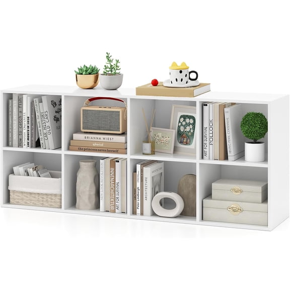 8 Cube Storage Organizer, 2 Tier Multipurpose Display Shelf w/Open Storage & 2 Anti-Tipping Kits, 8-Cube Wooden Bookcase for Living Room, Bedroom, Study, Home, Office (White)
