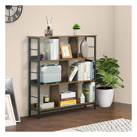 8 Cube Storage Organizer, 40 Wide 3 Tier Rustic Oak Industrial Open Shelf Bookcase, Display Shelf, Horizontal Bookshelf with Metal Frame, Wooden Board, for Living Room, Bedroom, Office