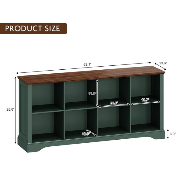 8 Cube Storage Organizer - 62" Long Farmhouse Wood Low Bookshelf, Horizontal Open Shelf Bookcase Cubby Storage Console Cabinet for Living Room, Entryway, Office, Green