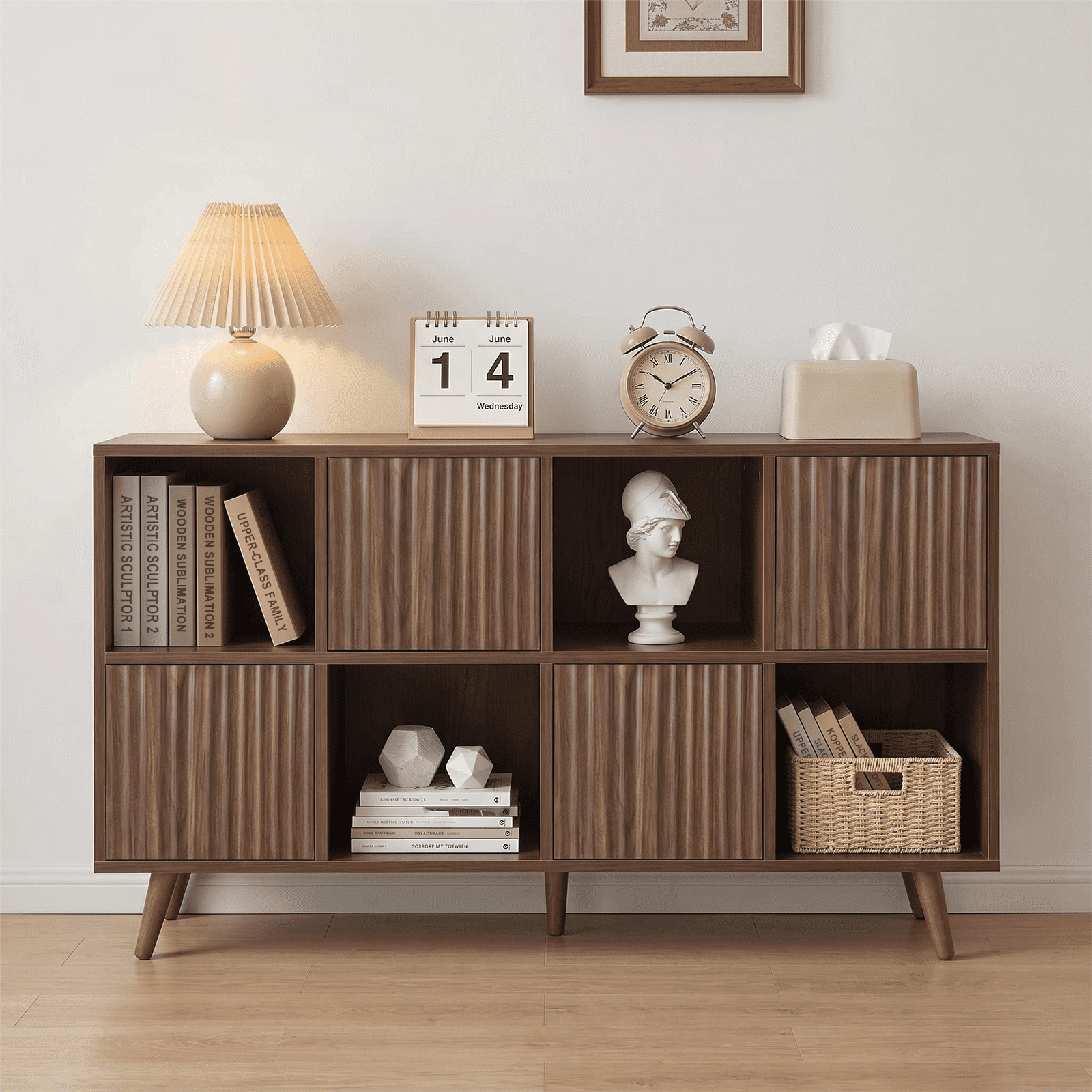 8 Cube Storage Organizer, Bookcase Storage Cabinet with 4 Doors, Freestanding Cube Shelf Organizer for Books Decor in Living Room Bedroom Office, Walnut