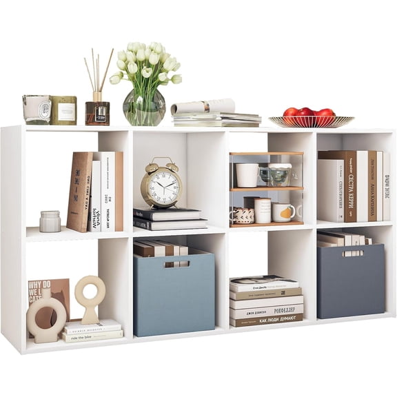 8 Cube Storage Organizer Bookcase, Wooden Freestanding Bookshelf with Open Storage Compartments, Sturdy Thick Panels, Easy Assembly, for Living Room Bedroom Office, White