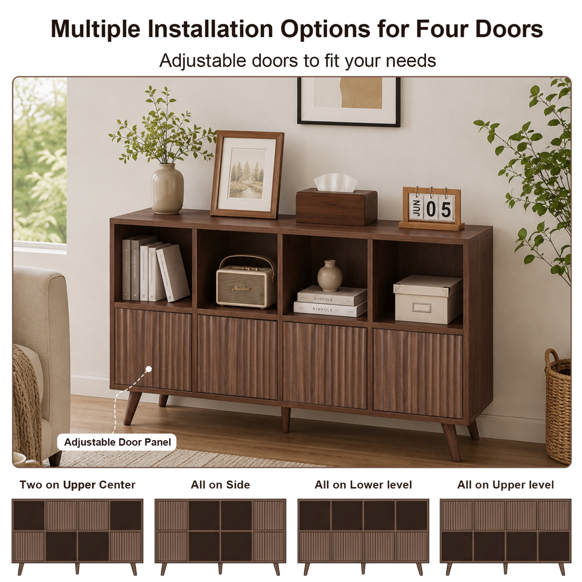 8-Cube Storage Organizer Bookcase with 4 Adjustable Doors, Freestanding Bookshelf Cabinet and Display Shelf for Living Room and Office, Walnut